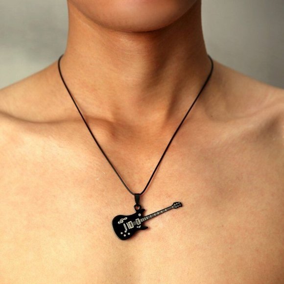 Other - NEW Rocking ELECTRIC GUITAR Pendant & Short Necklace - FENDER BLACK MUSIC SILVER